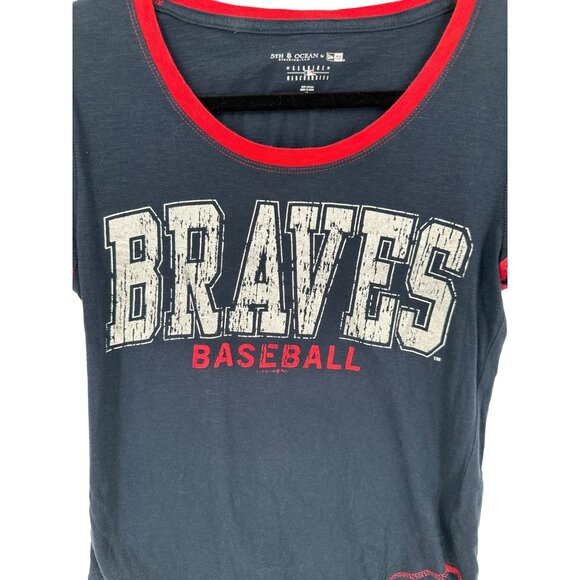Braves Baseball T-Shirt Navy Red Accents New Era Women's XS 100% Cotton - Picture 6 of 10